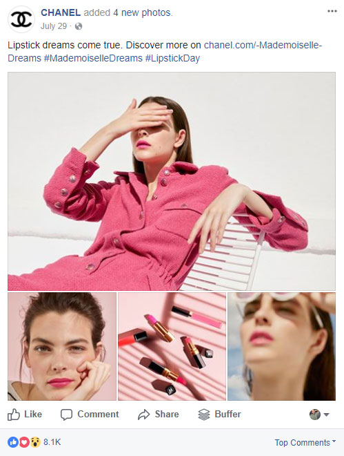 screen shot of the chanel facebook page status about lipstick dreams coming true