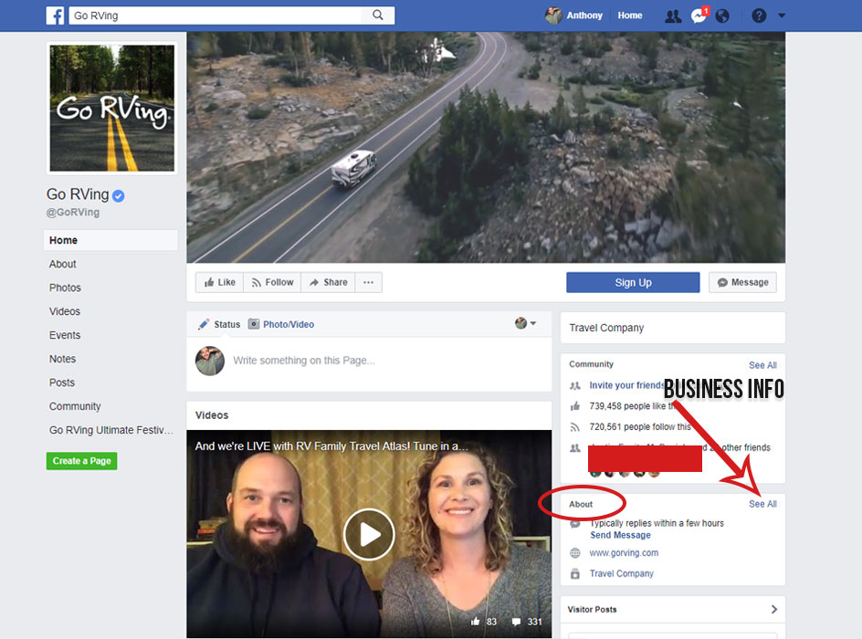 facebook page business info, picture of the go rving facebook page with the words business info and an arrow pointing to the see all button and a circle around the about section 