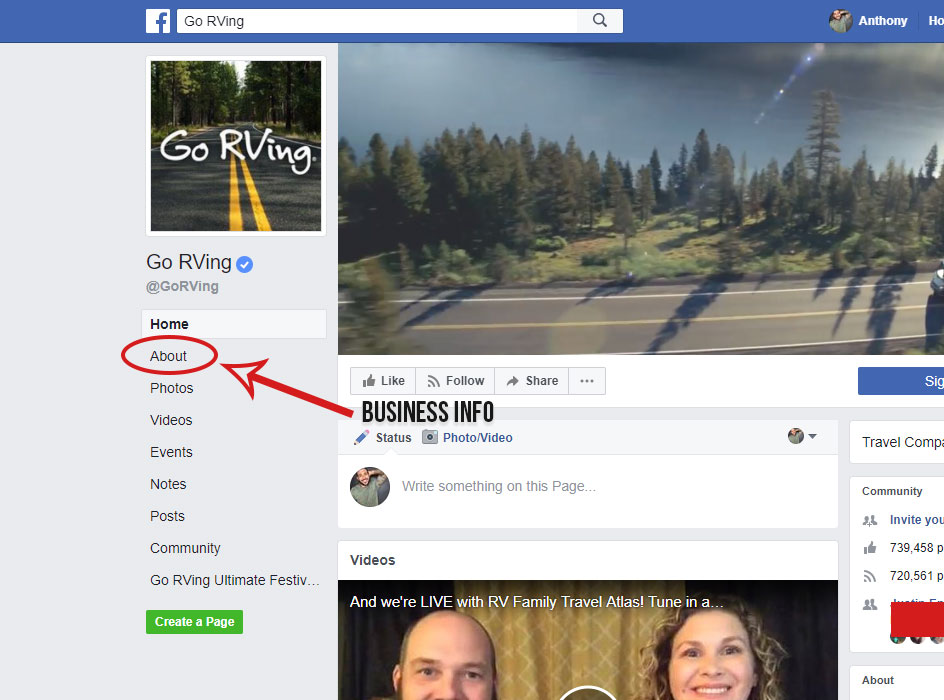 facebook business info section, picture of the go rving facebook page with a red circle around the about tab underneath the facebook profile image with a red arrow pointing to it and the words business info