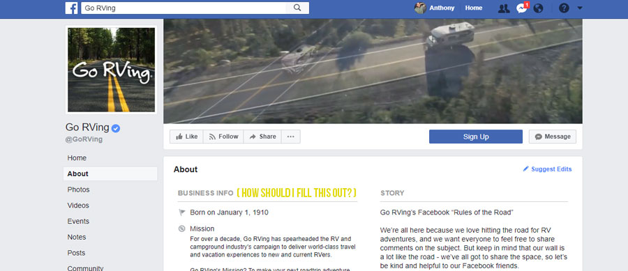 facebook business info section for go rving facebook page, a screen shot of go rvings facebook page with the business info showing and yellow words that say how should i fill this out next to it