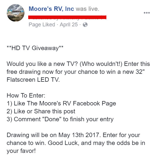 screen shot of the facebook status used for a contest moores rv held on facebook