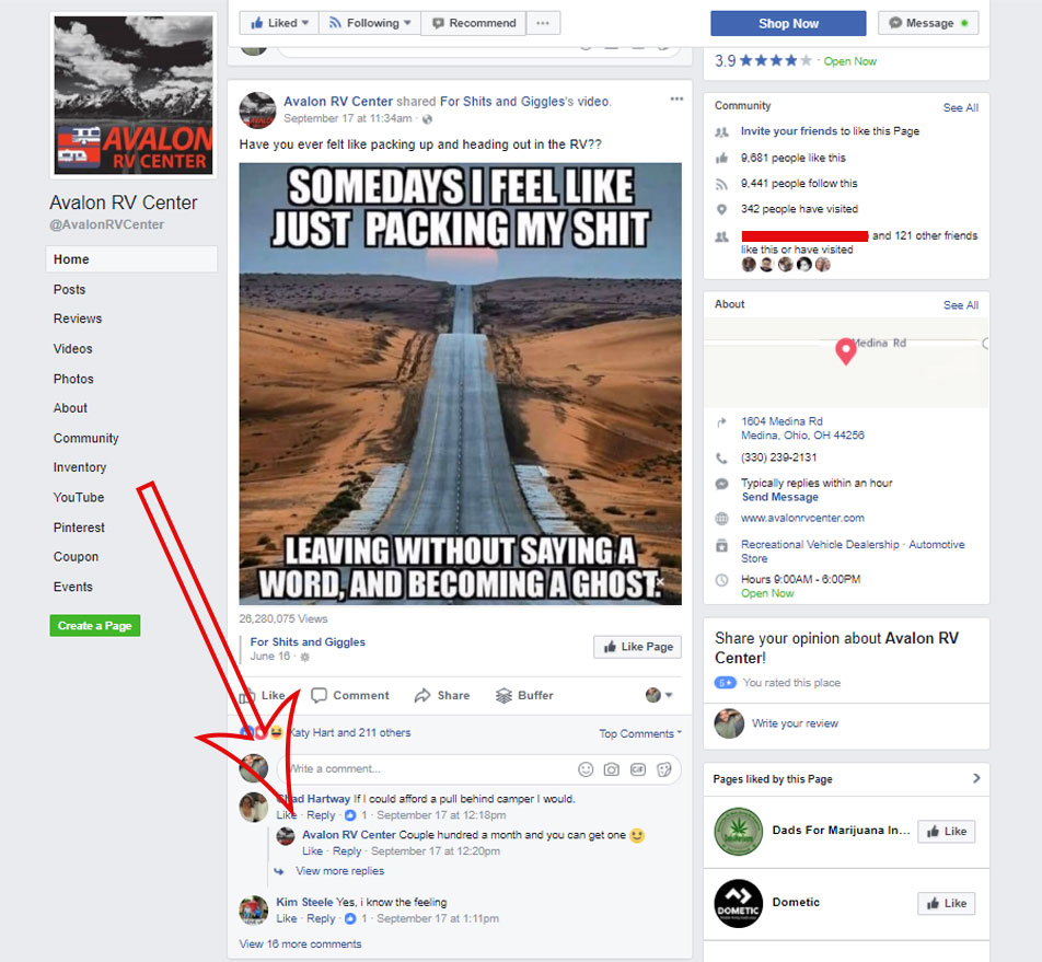 facebook interaction post for commenting back, screen shot image of the avalon rv center facebook page with an arrow pointing at the engagement in the facebook comment section 