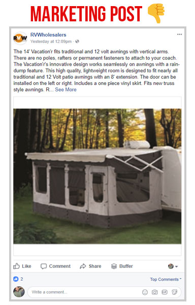 screen shot of the rv wholesalers facebook page post about a 14 ft vacation camper awning marketing post vs social post 