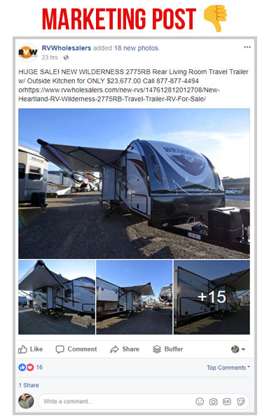 facebook marketing post with a wilderness travel trailer for sale at rv wholesaler, screen shot of a facebook status from rv wholesalers, social post vs marketing post
