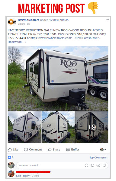 facebook marketing post with the screen shot status of rv wholesalers facebook status about a rockwood roo rv travel trailer for sale 