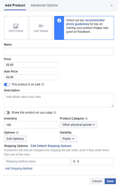 facebook store add a product section, screen shot of the add a product section for the facebook store on your page 