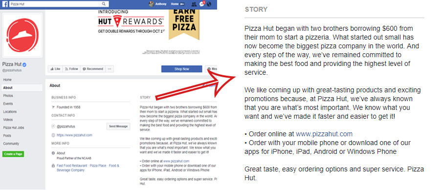 facebook story, screenshot of the pizza hut facebook page with a zoomed in look at the story for pizza hut in the company about section