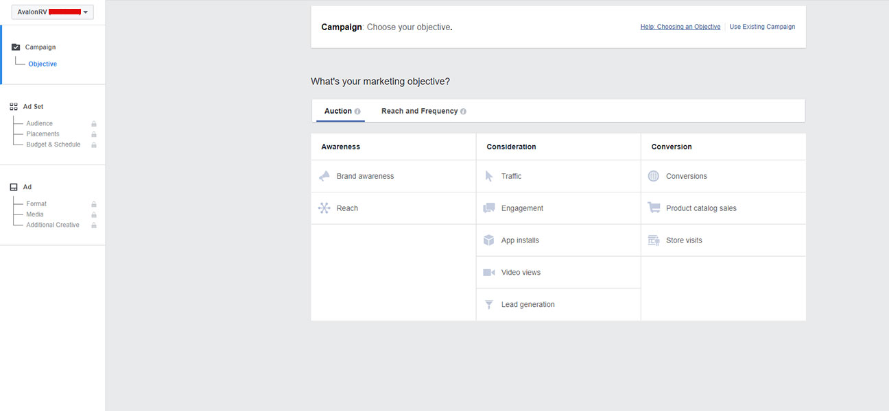 screen shot of the back end of facebook for creating a business ad in the facebook business manager