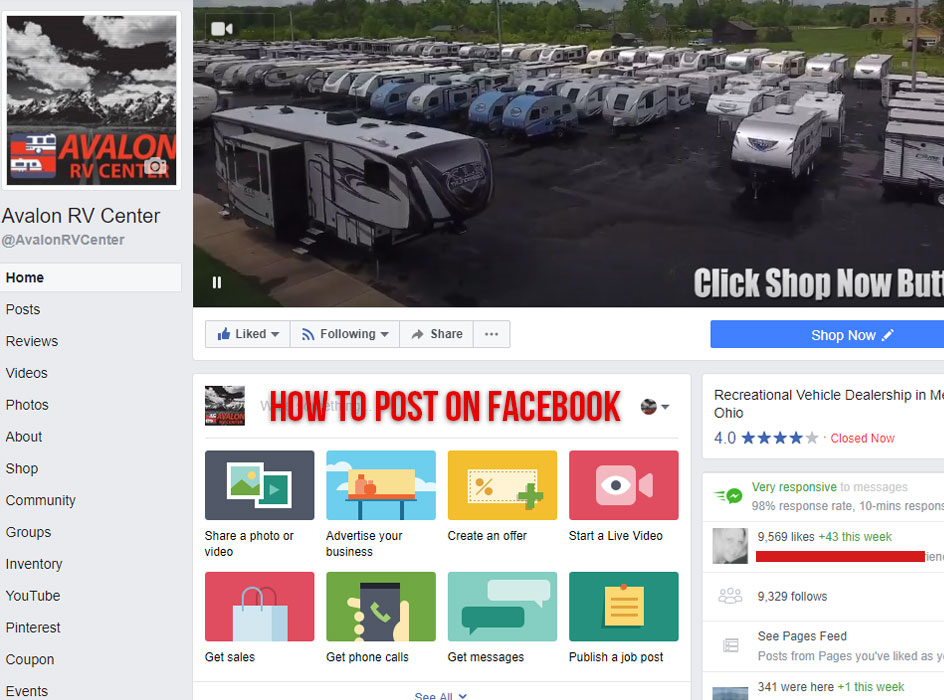 how to post on your facebook page, screen shot of the avalon rv center facebook page with the words how to post on facebook inside of the status box