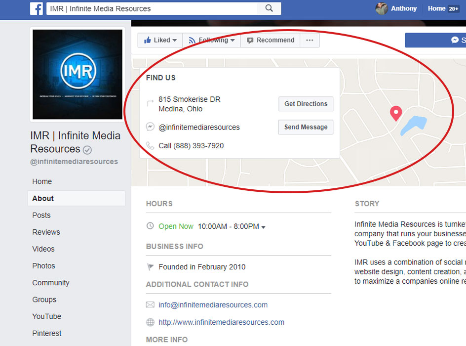 infinite media resources facebook page contact information, a screen shot of the infinite media resources about section on the facebook page with a circle around the contact information and map at the top 
