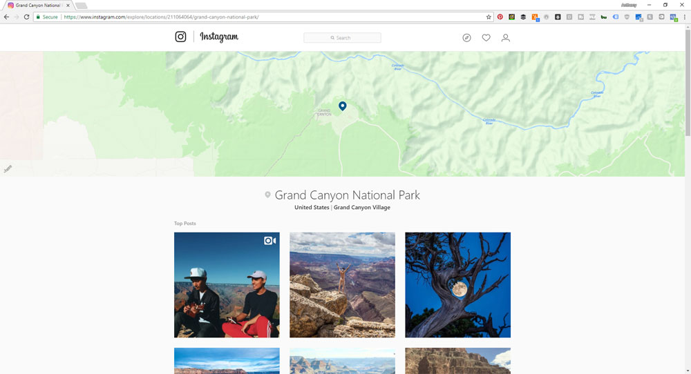 instagram for finding great content to post on facebook, screen shot of the search for grand canyon on instagram for finding facebook content
