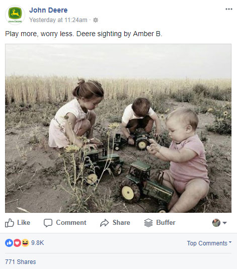 screen shot of the john deere facebook post status about playing more and worrying less with kids playing in the dirt