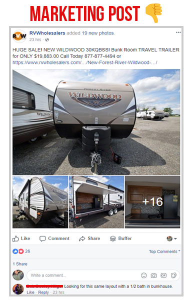 marketing facebook post screen shot of a wildwood rv for sale on the rv wholesalers facebook page, social post vs marketing post 