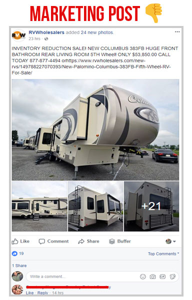 facebook marketing post on rv wholesalers facebook page about a columbus fifth wheel rv for sale 