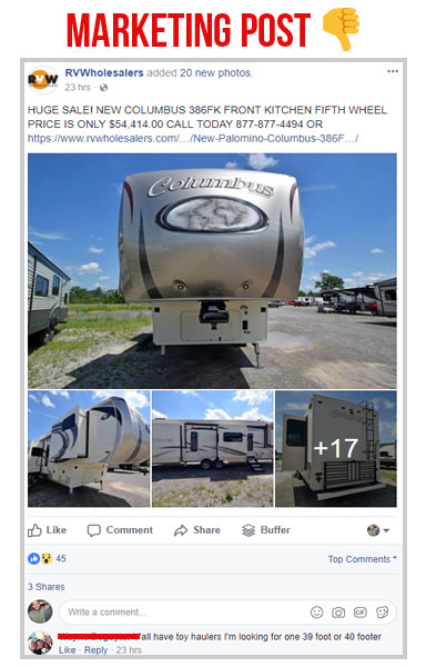 marketing facebook post with a columbus fifth wheel rv for sale on the rv wholesalers facebook page