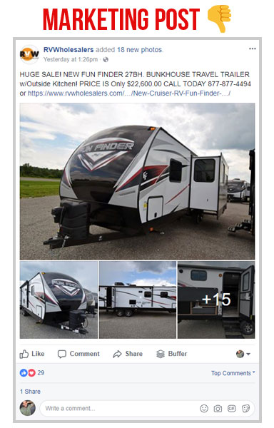 facebook marketing post on the rv wholesalers page about the fun finder travel trailer with a bunkhouse, screen shot of the rv wholesalers facebook page with a post with the fun finder travel trailer