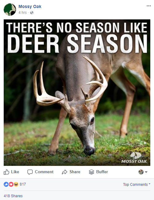 screen shot of the mossy oak facebook page status about no season like deer season