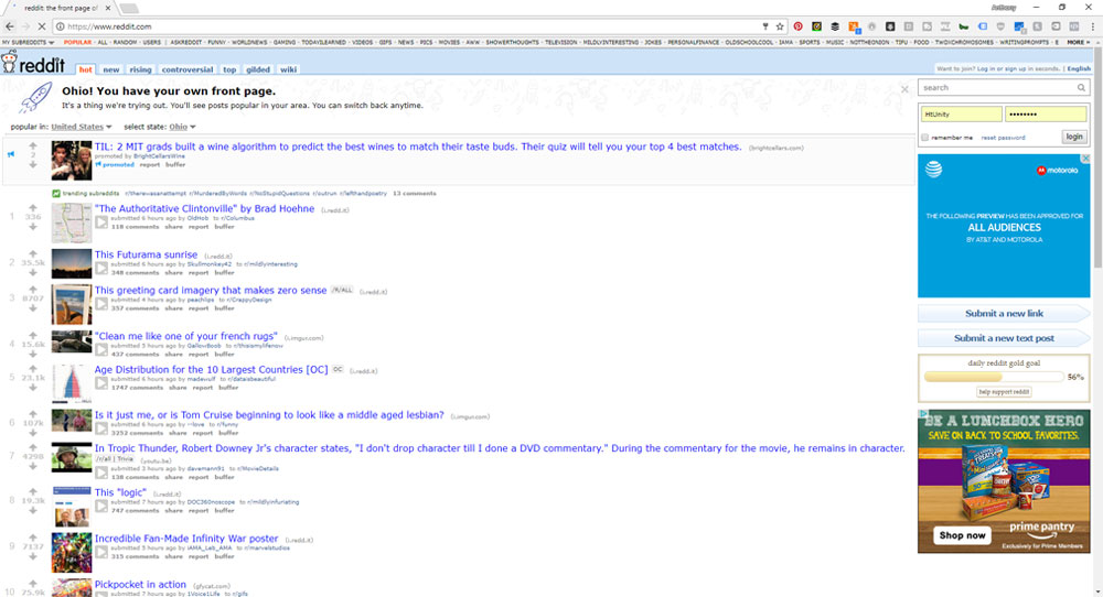 screen shot of the homepage of reddit to show places to find content to post on facebook