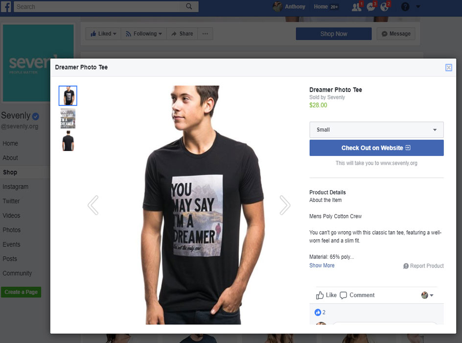 sevenly facebook store with a man wearing a tshirt for sale, screen shot of the facebook store for sevenly with a male model wearing a shirt for sale in the ecommerce store