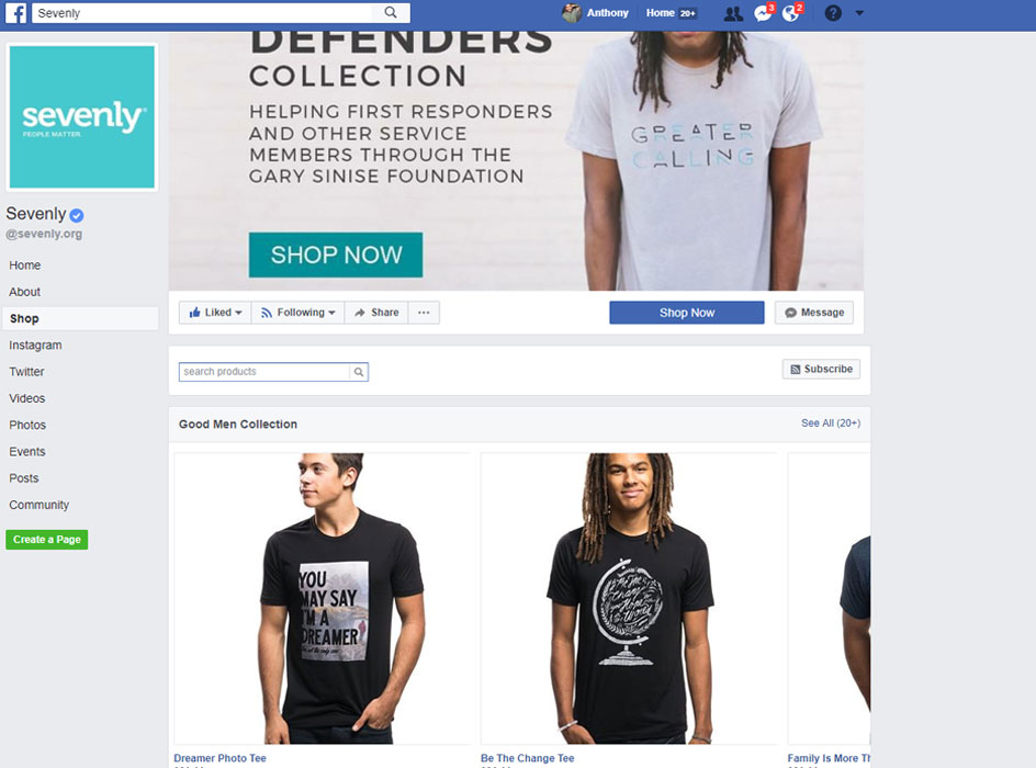 sevenly facebook page shop, screen shot of the sevenly facebook page store with pictures of the clothing for sale on facebook 