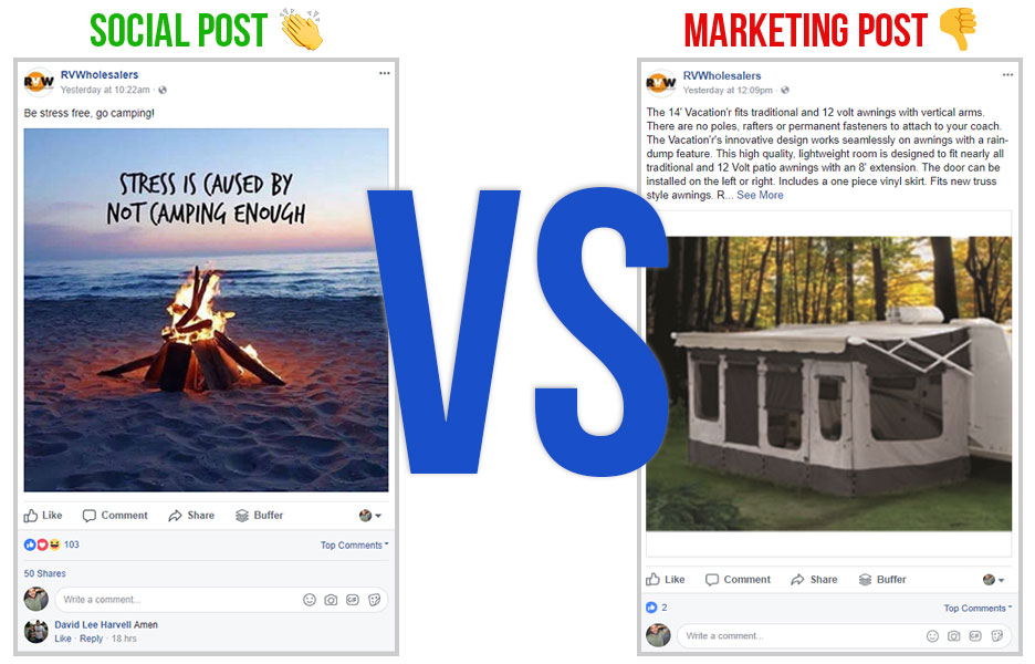social facebook post vs a marketing facebook post with screen shots of both sitting next to each other with vs in huge blue letters in the center