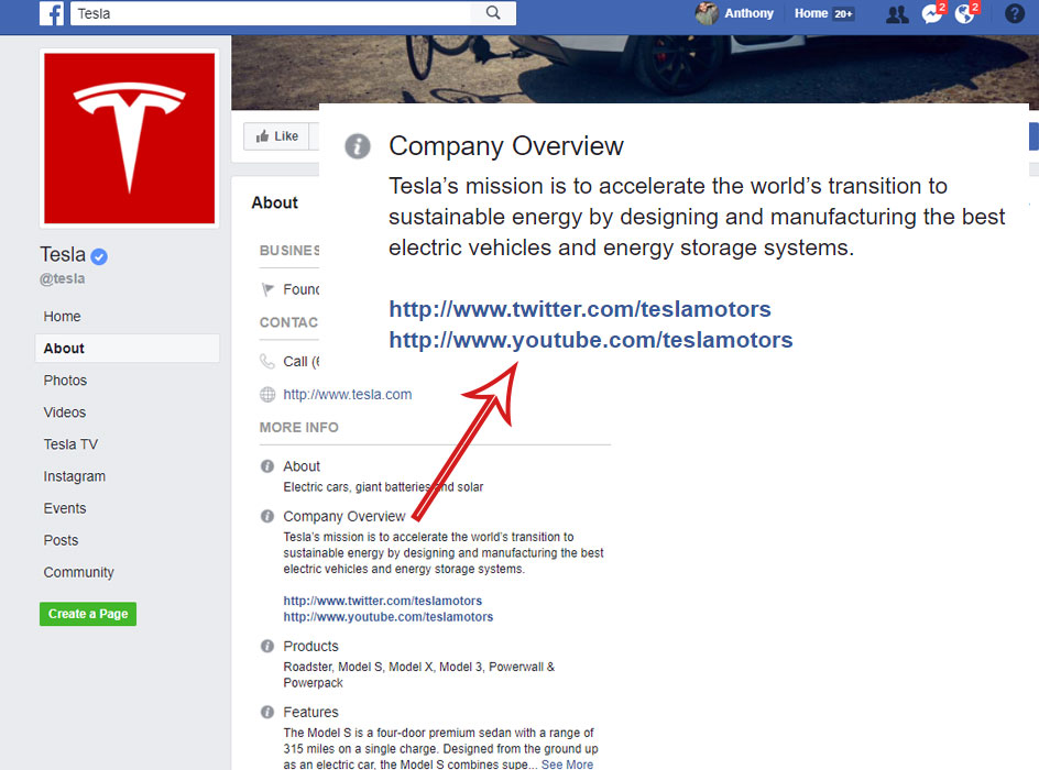 tesla facebook page with the company overview info highlighted, screen shot of the tesla facebook page company overview section with the business info blown up to be larger in the foreground