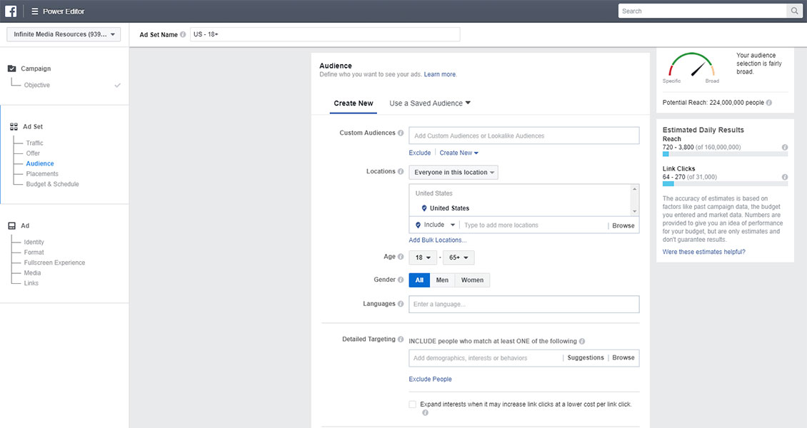 screen shot of the audience targeting section for facebook ads power editor