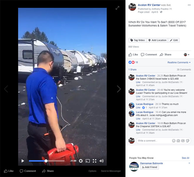 screen shot of a facebook live video from avalon rv center 