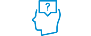 blue icon of a head outline with a question mark in the middle