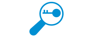 blue search magnifying glass with a key in the middle of it